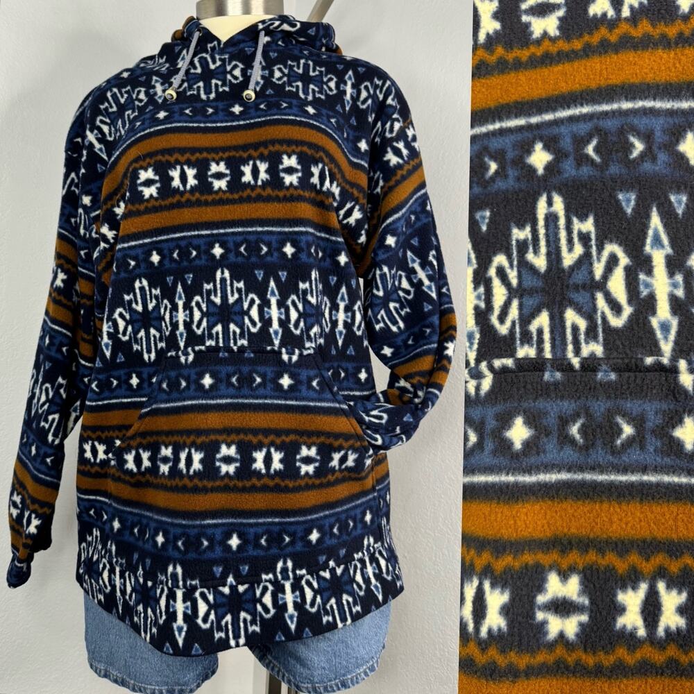 Vintage Southwesten Aztec Print Fleece Hoodie Blazer Brown White Brown X-Large